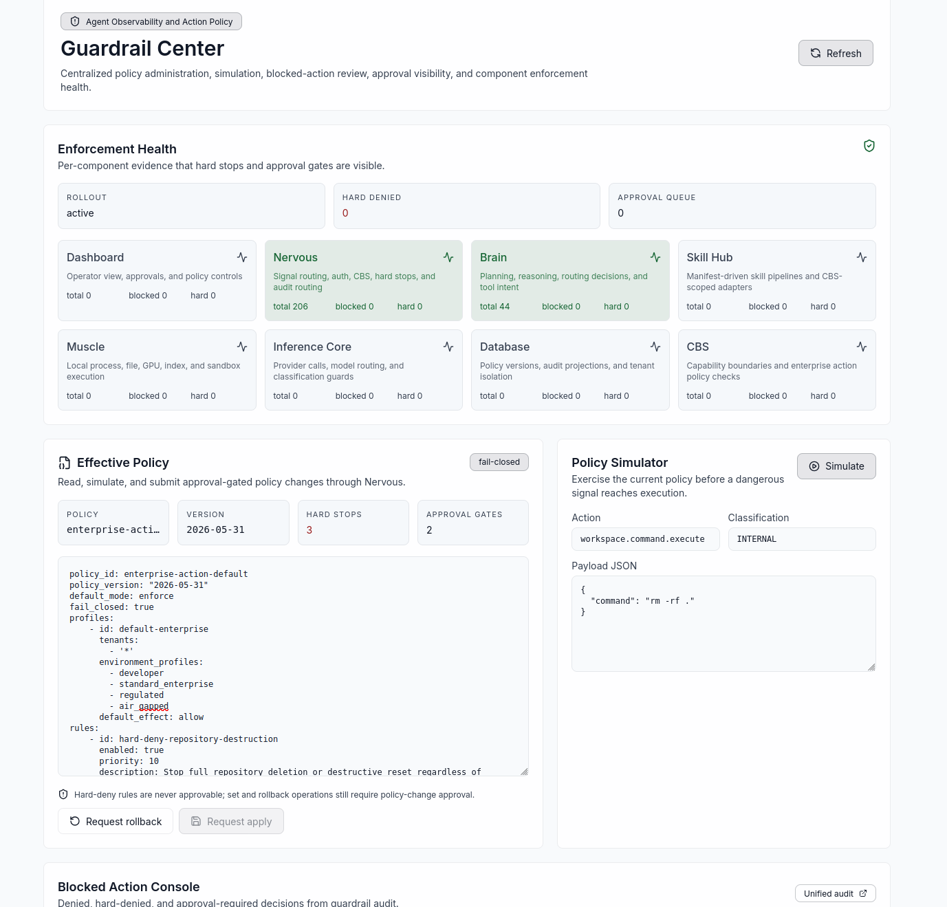 Guardrail policy simulator showing runtime rules, policy scope, and action governance controls