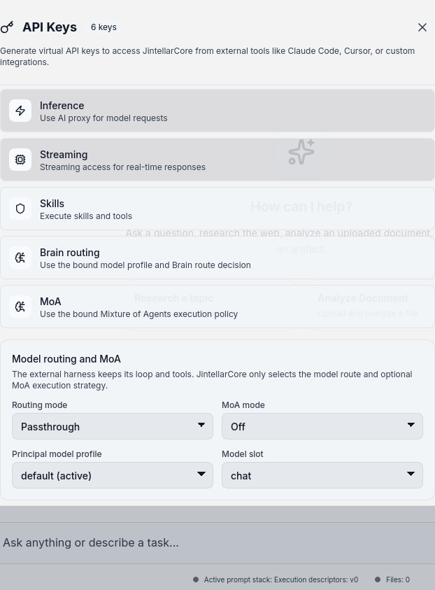JintellarCore virtual API key controls for inference, streaming, skills, and model routing